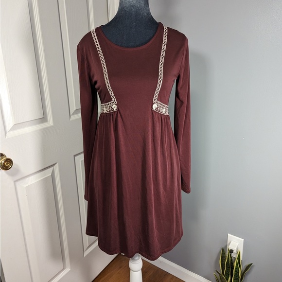 Altar'd State Long Sleeve Maroon Dress with Embroidered Design - Picture 2 of 12